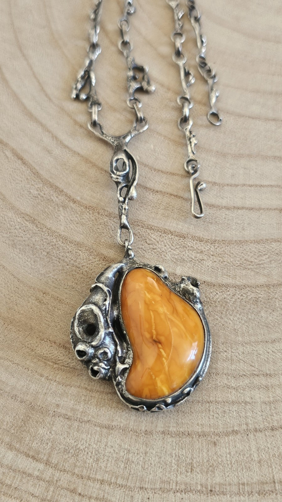 Vintage Polish 800 Silver Amber Brutalist Pendant Necklace TMS Warsaw, 37g