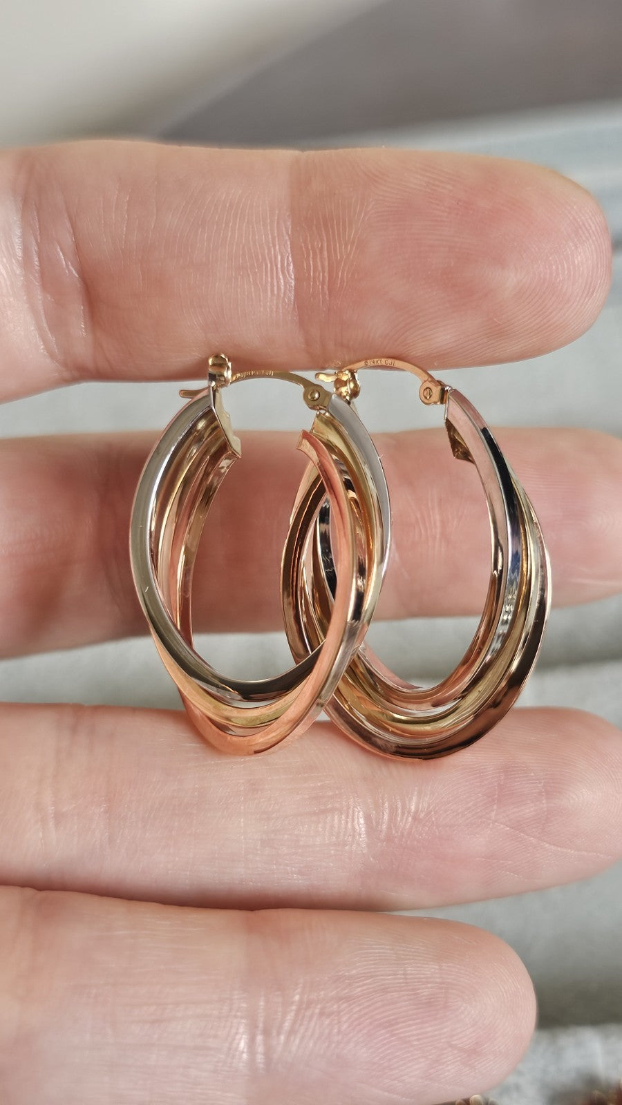 14ct Tri Colour Gold Triple Hoop Earrings 4.79g 33.5mm 14K Rose White Yellow
