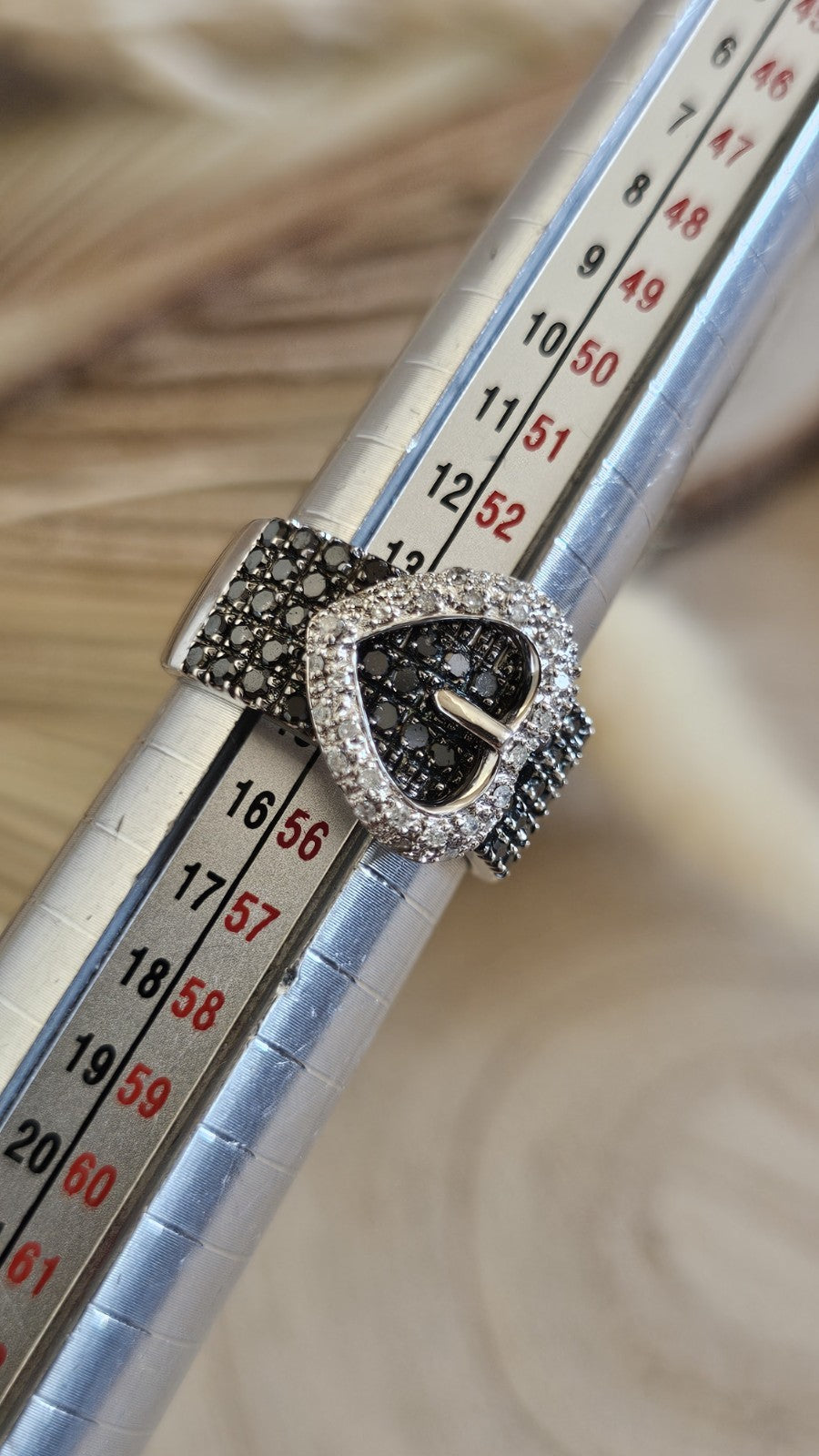 Sterling Silver Natural Black & Clear Diamond Buckle Ring Size N 1/2