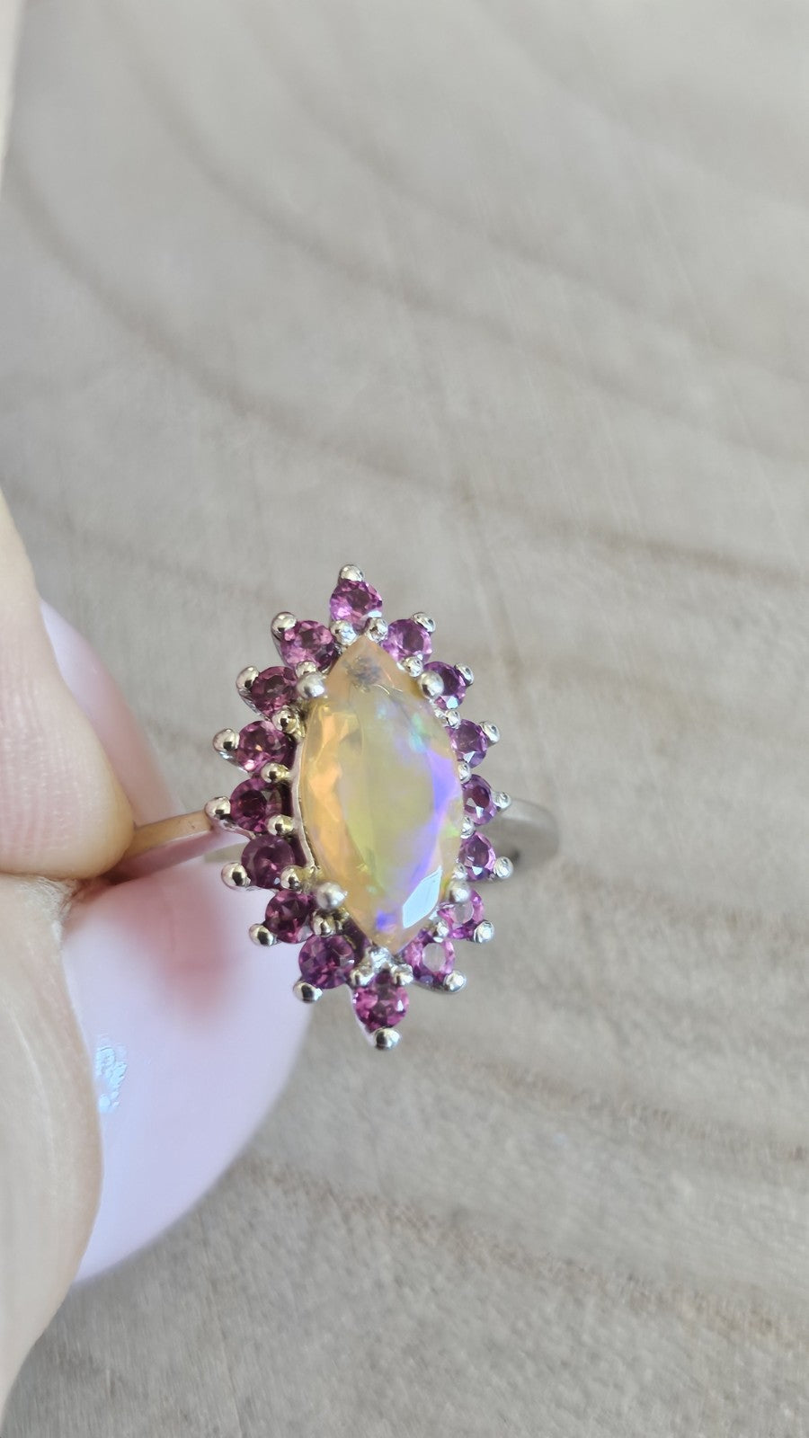 925 Sterling Silver Opal Rhodolite Garnet Halo Statement Ring Size N 1/2 3.90g