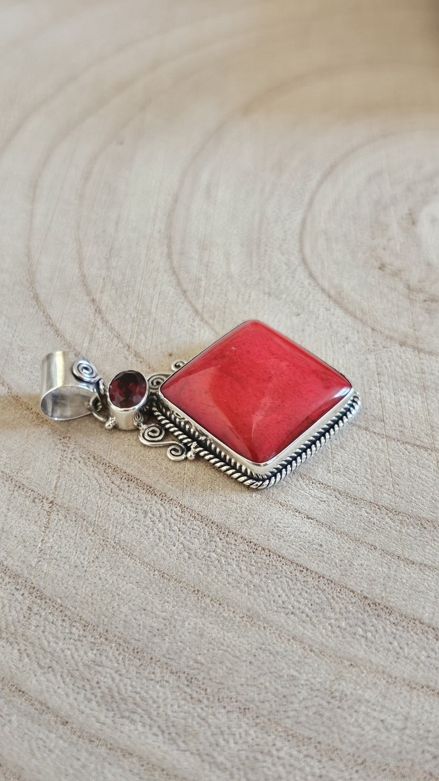 925 Sterling Silver Red Coral & Garnet Large Statement Pendant 5.85g