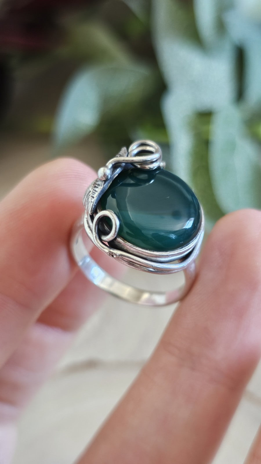 Vintage Sterling Silver Green Onyx Statement Ring Size S 7.92g