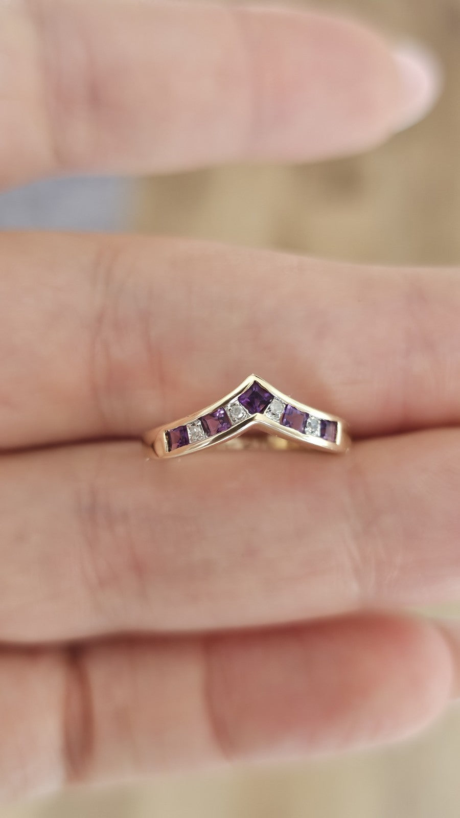 9ct Yellow Gold Natural Amethyst & Diamond Wishbone Ring Size K Hallmarked