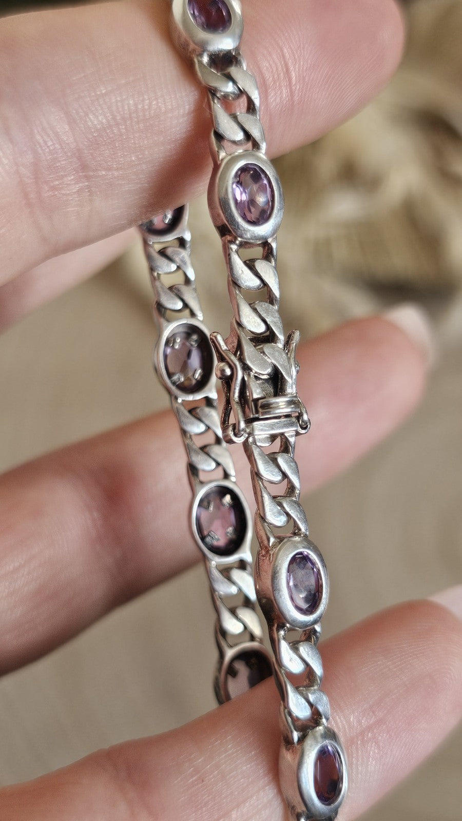 925 Sterling Silver Curb Link Amethyst Bracelet 18.5cm Hallmarked 13.39g