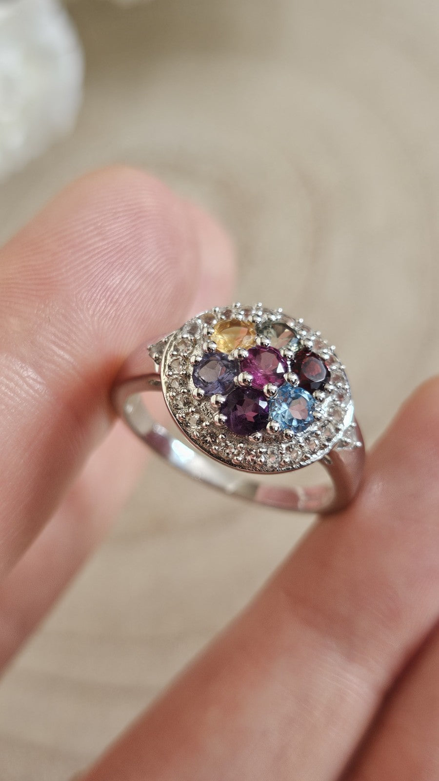 925 Sterling Silver Natural Multicolour Tourmaline Zircon Ring Size R TGGC