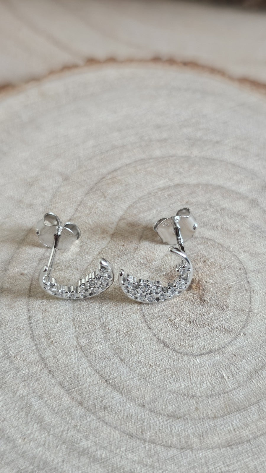 925 Sterling Silver CZ Crescent Moon Stud Earrings Rhodium Plated New