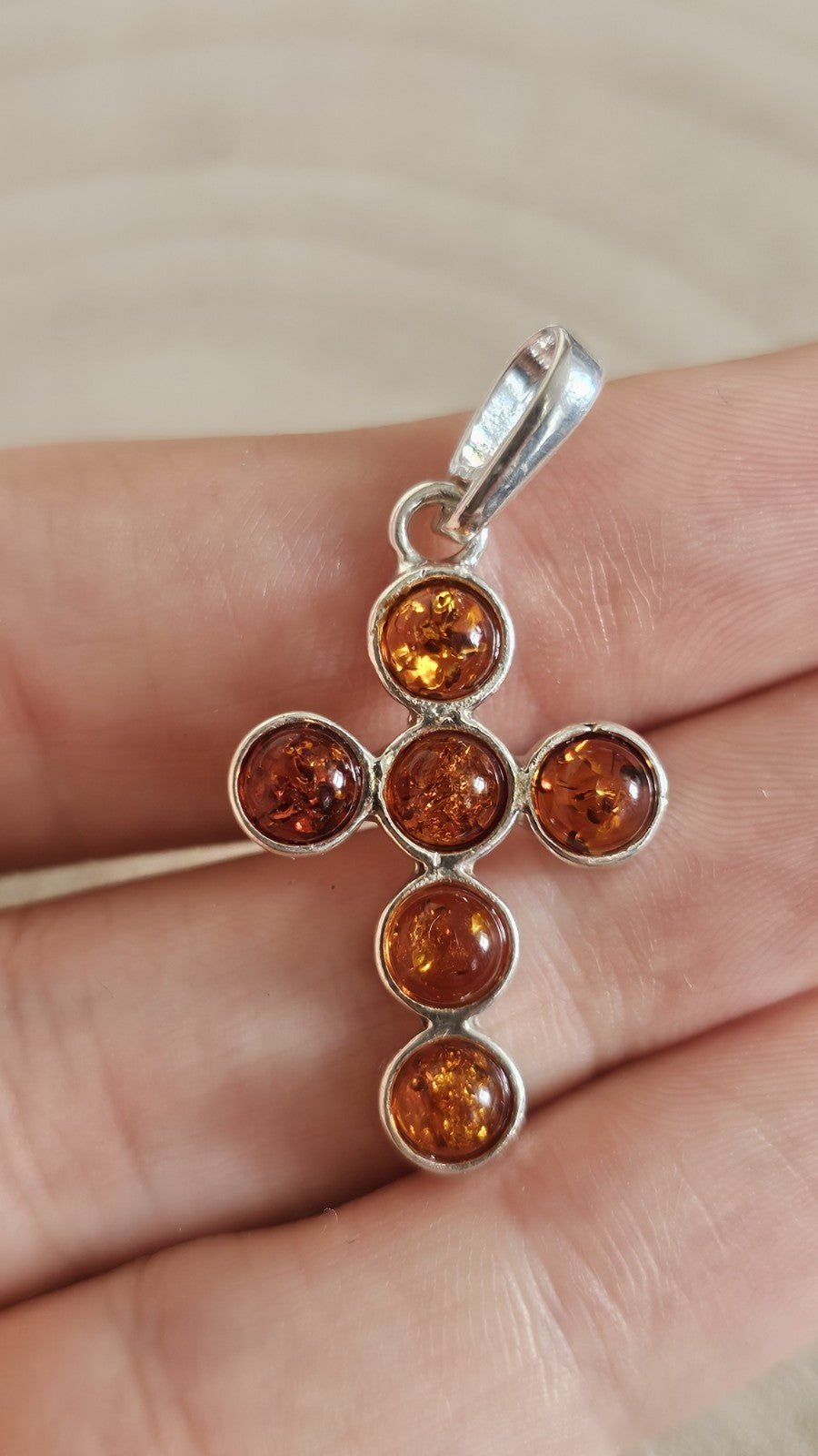925 Sterling Silver Genuine Amber Cross Pendant Honey Cognac 37.7mm 3.10g