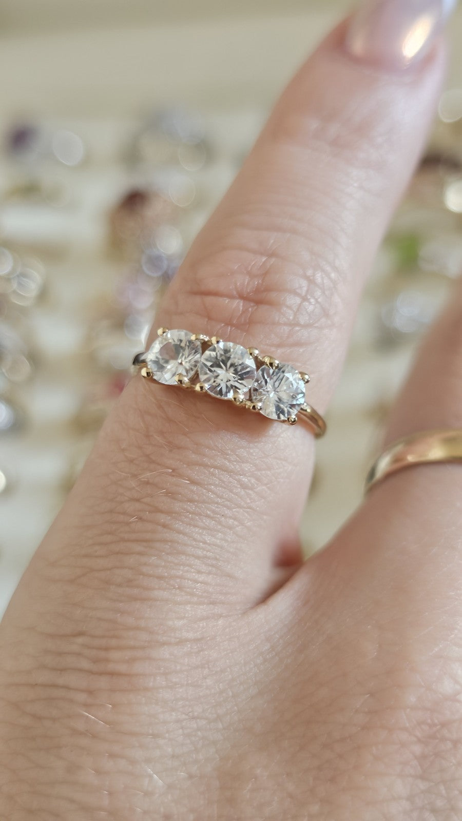 10ct Yellow Gold White Sapphire Trilogy Ring Size L 1/2 , Three Stone Gold Ring