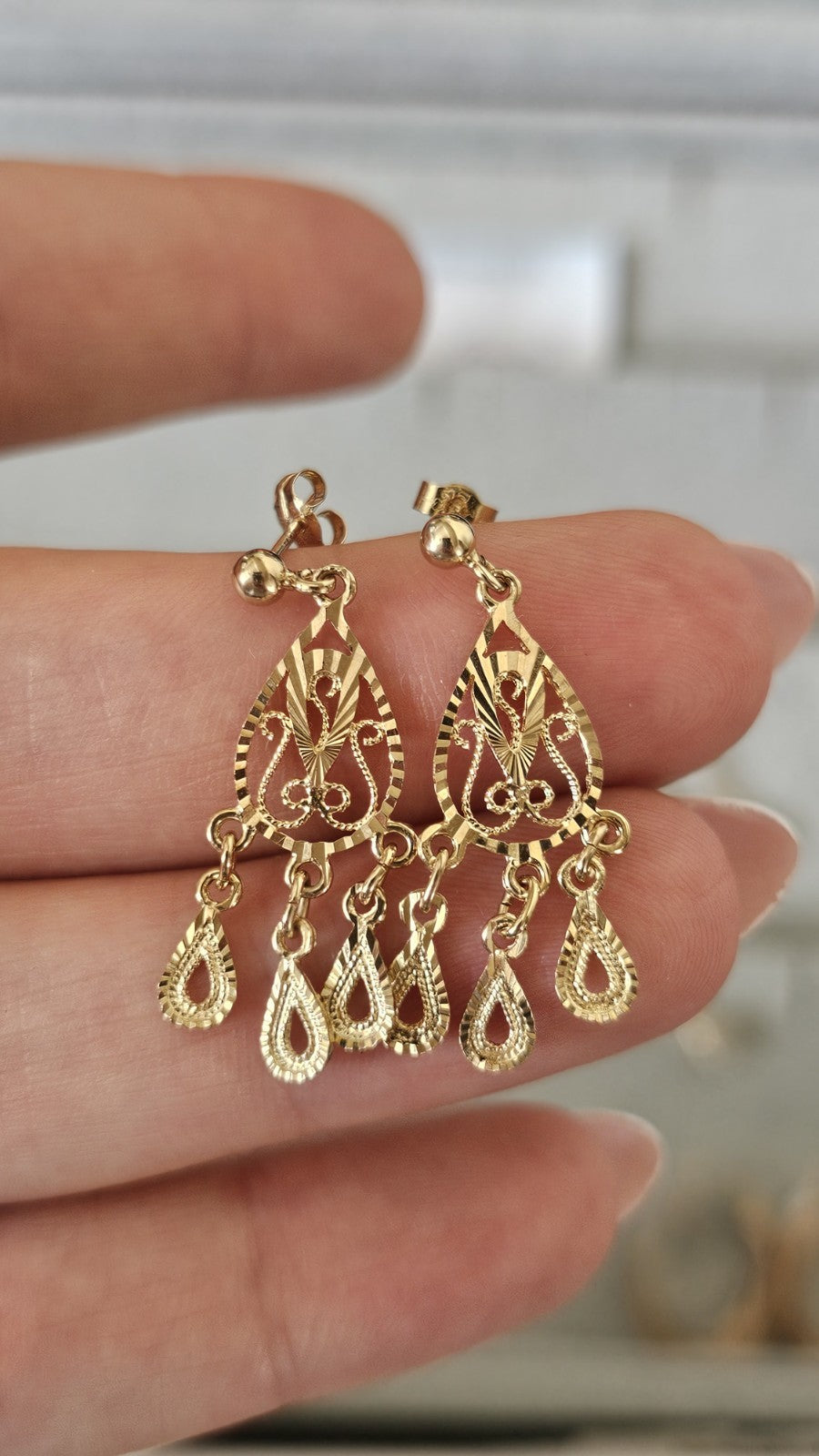 9ct Yellow Gold Filigree Chandelier Drop Earrings 31.8mm 2.62g 375