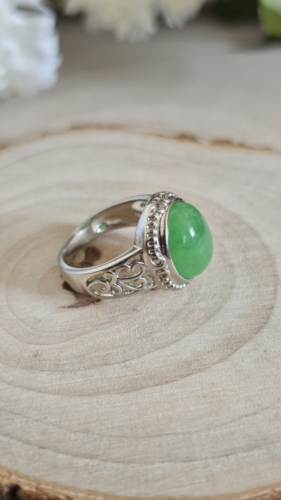 925 Sterling Silver Green Jade Oval Ring Size L 1/2 Ornate Scroll 4.92g