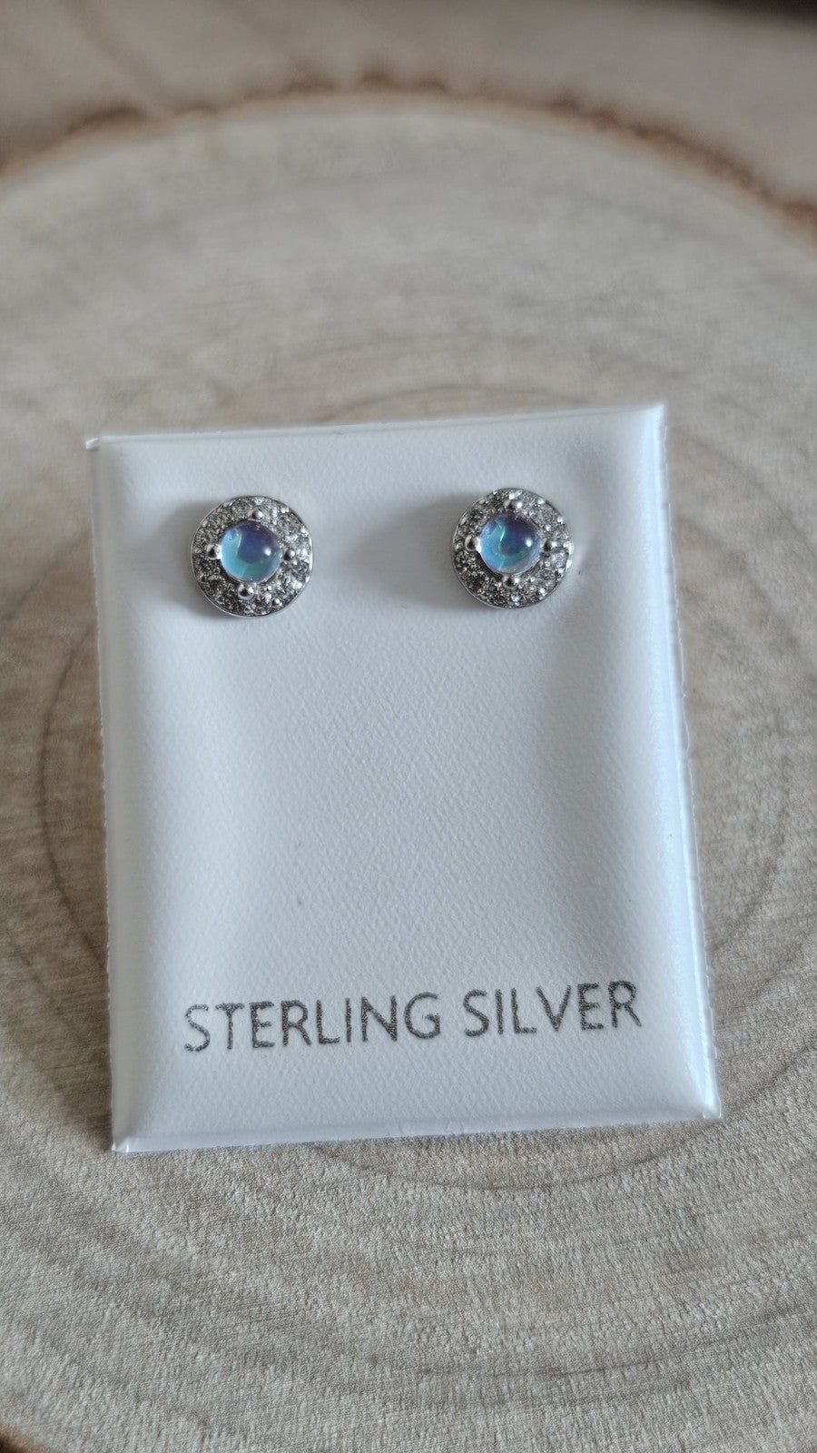 925 Sterling Silver Moonstone CZ Halo Stud Earrings 6mm Round Stamped 925 , New