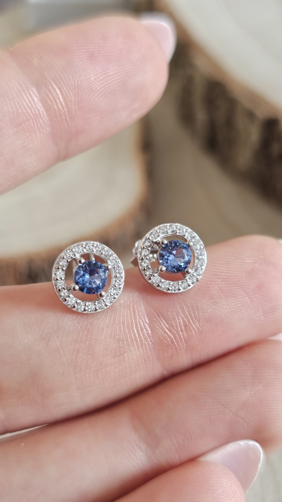 925 Sterling Silver Blue CZ Halo Stud Earrings 9.6mm, New Boxed