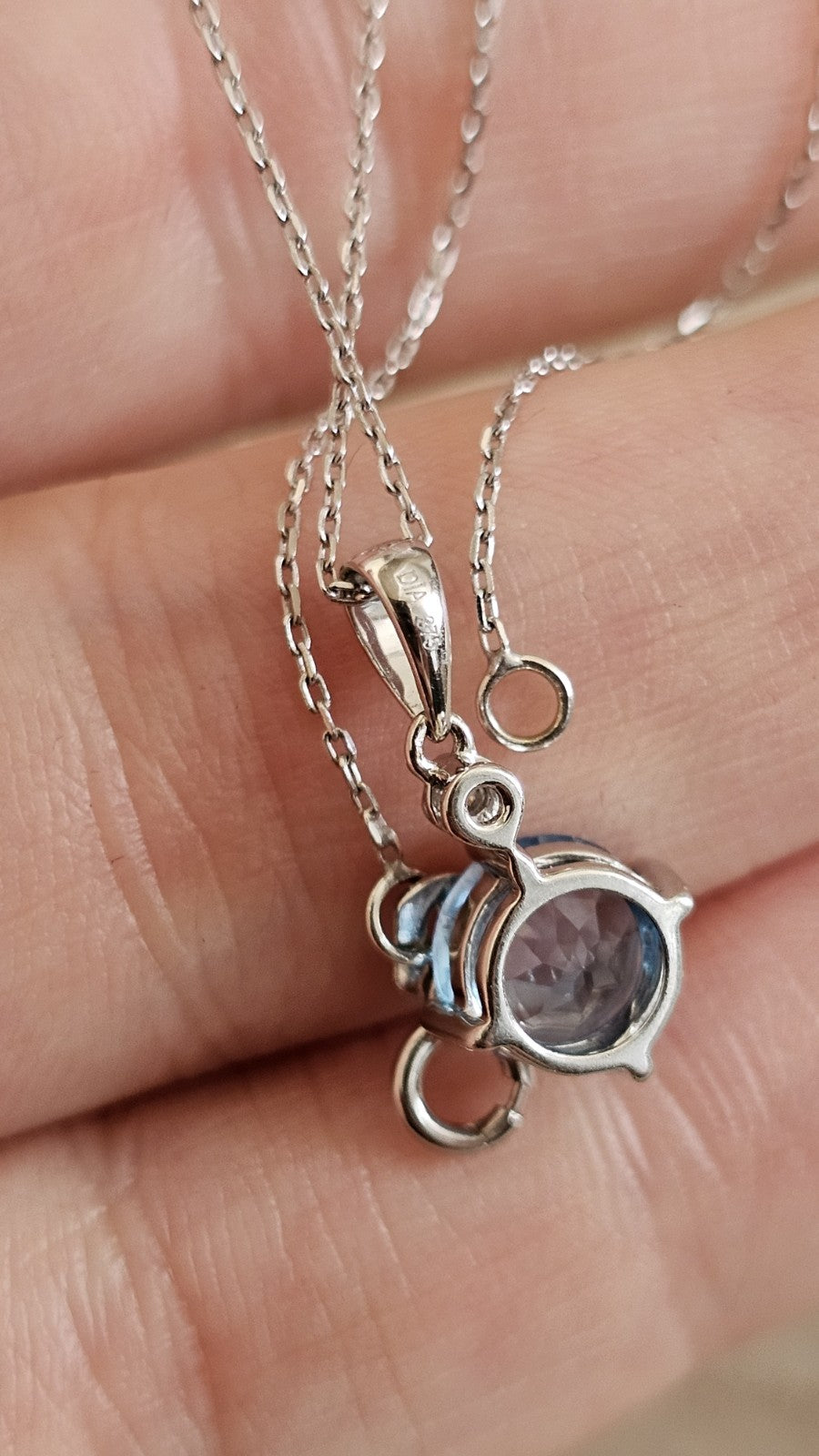 9ct White Gold Natural Blue Topaz & Diamond Pendant Necklace – 18 Inches