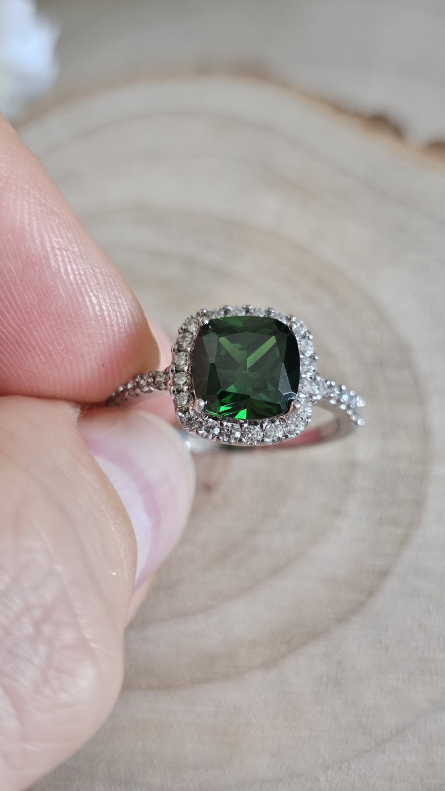 925 Sterling Silver Green CZ Halo Ring Size Q Cushion Cut 3.06g
