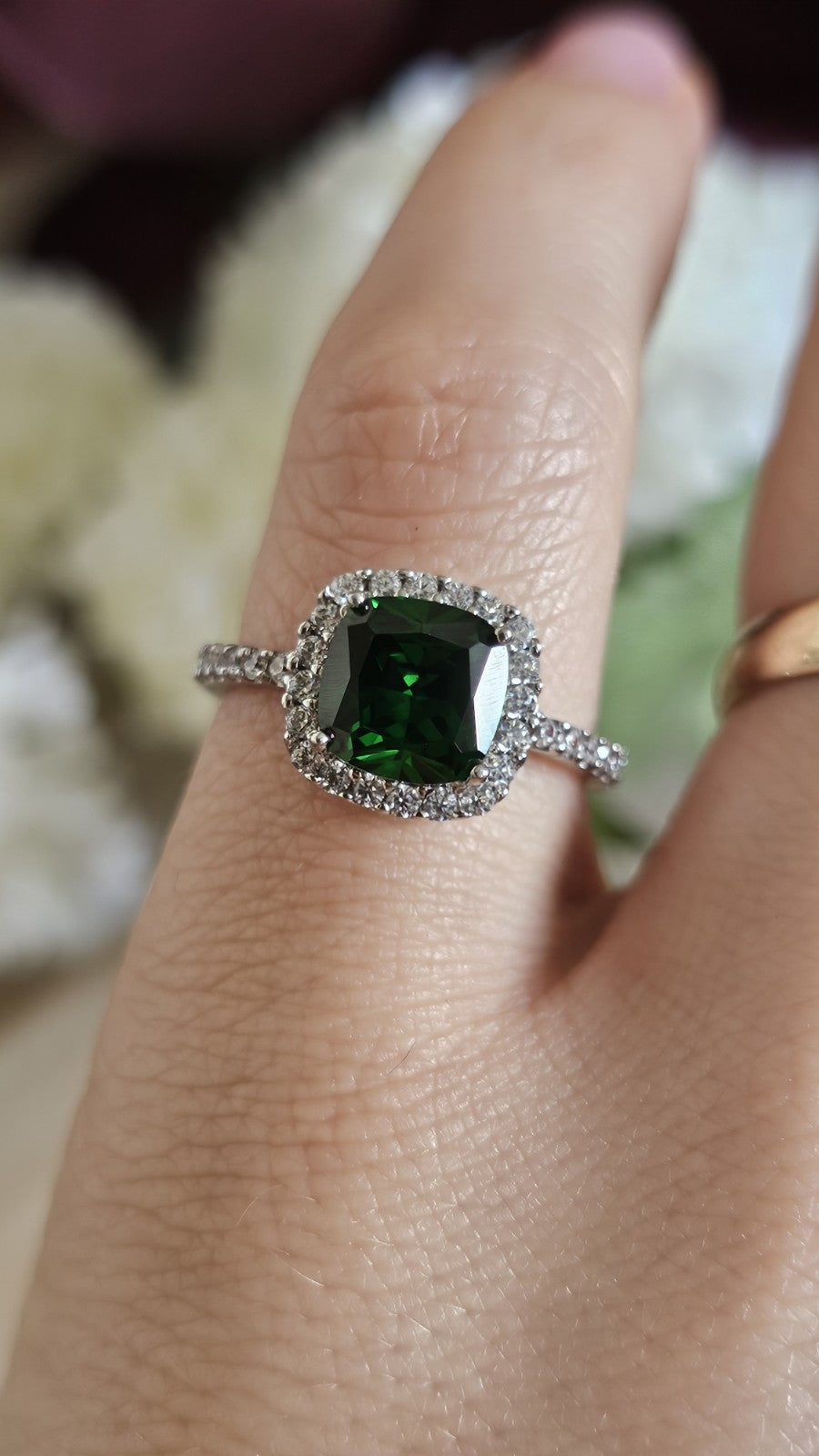 925 Sterling Silver Green CZ Halo Ring Size Q Cushion Cut 3.06g