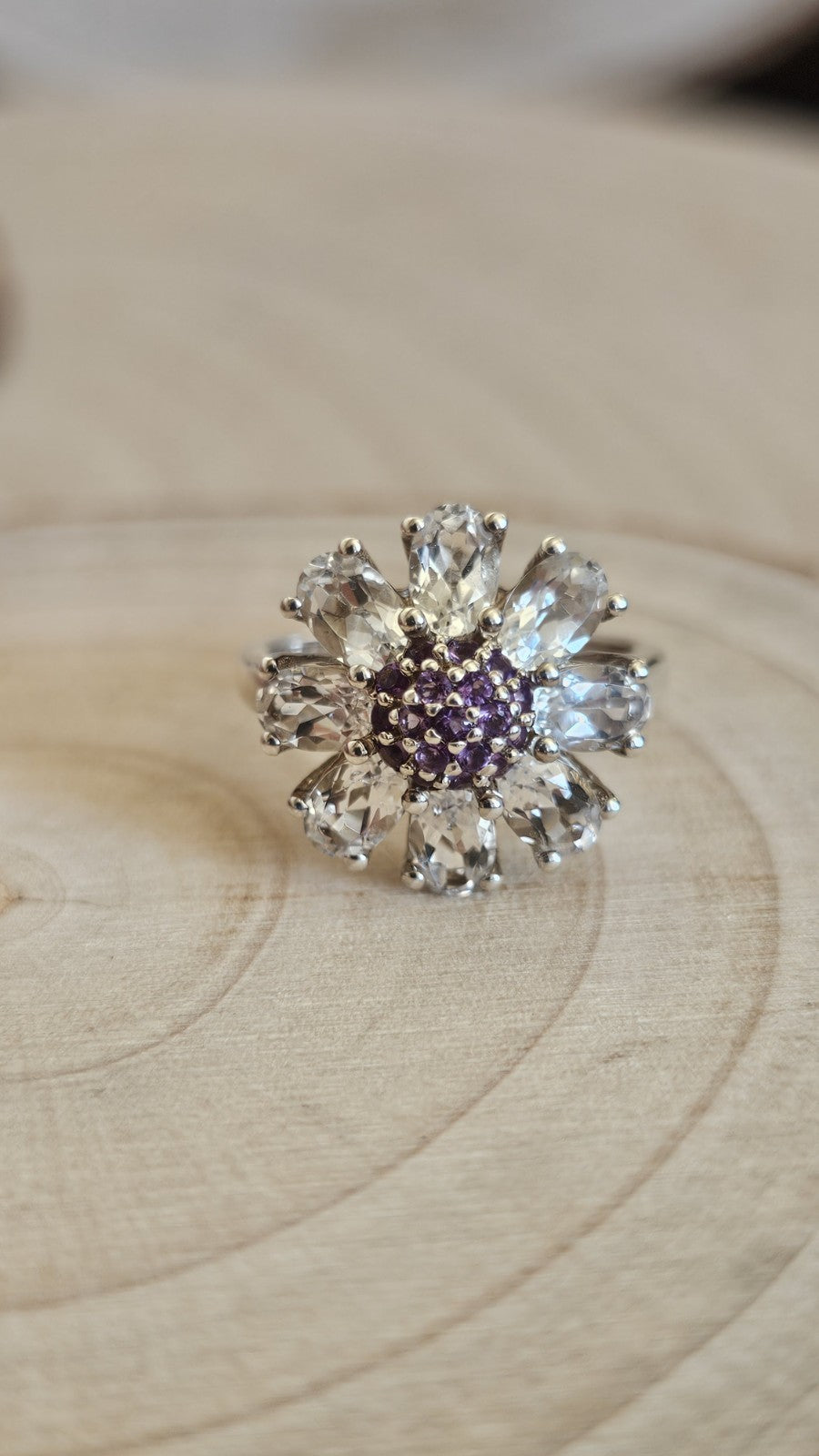 TGGC 925 Sterling Silver Amethyst & White Topaz Flower Ring Size R 1/2