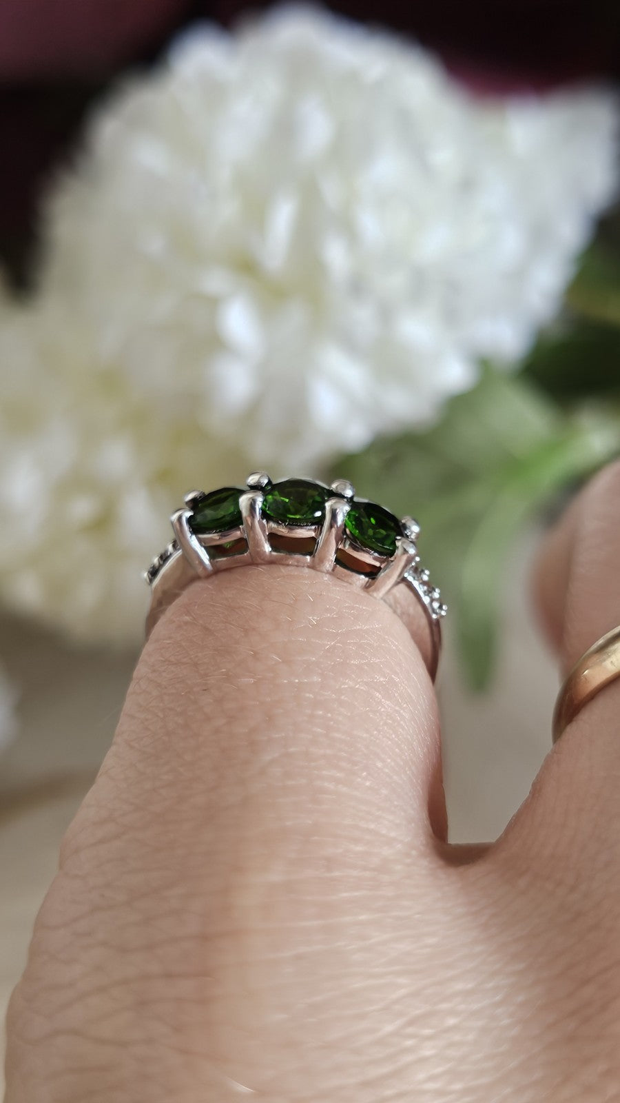 925 Sterling Silver Chrome Diopside Trilogy Ring Size L 1/2 TGGC 2.56g