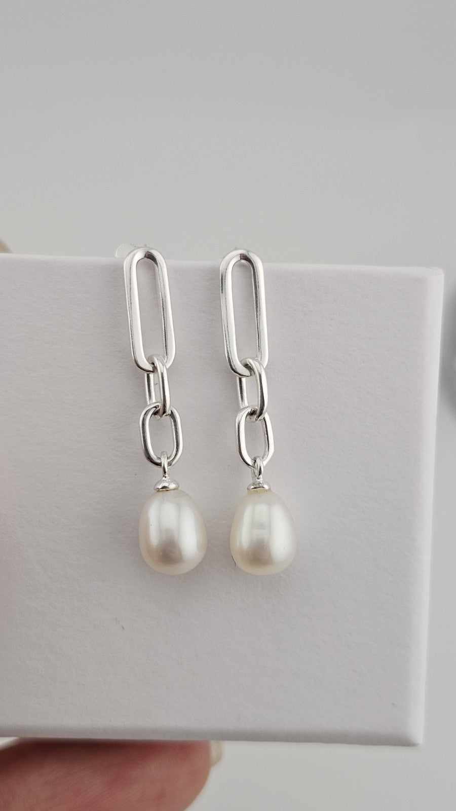 925 Sterling Silver Pearl Drop Dangle Earrings – New Boxed, 33mm length 