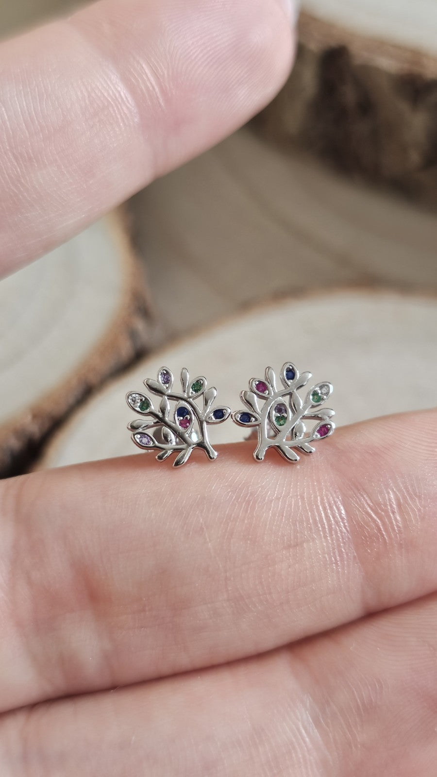 925 Sterling Silver Multicoloured CZ Tree Stud Earrings 10mm, New Boxed
