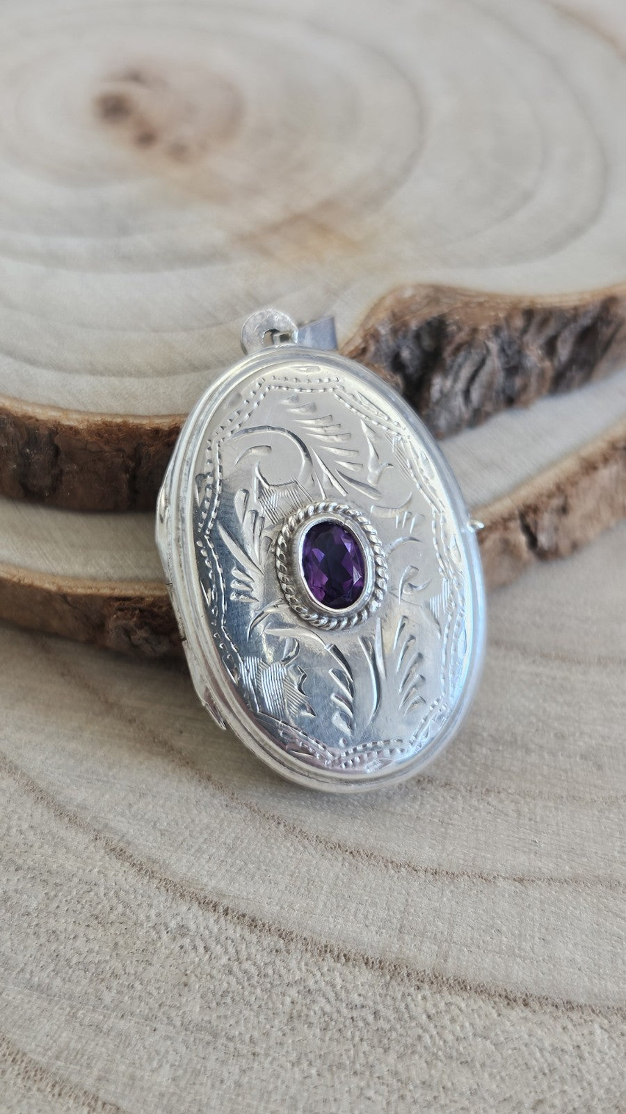 925 Sterling Silver Amethyst Locket Pendant Engraved Floral 7.87g 43mm