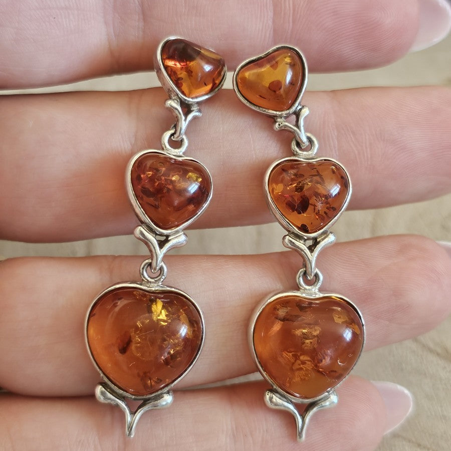 925 Sterling Silver Amber Heart Drop Earrings 3 Stone Dangle 9.37g