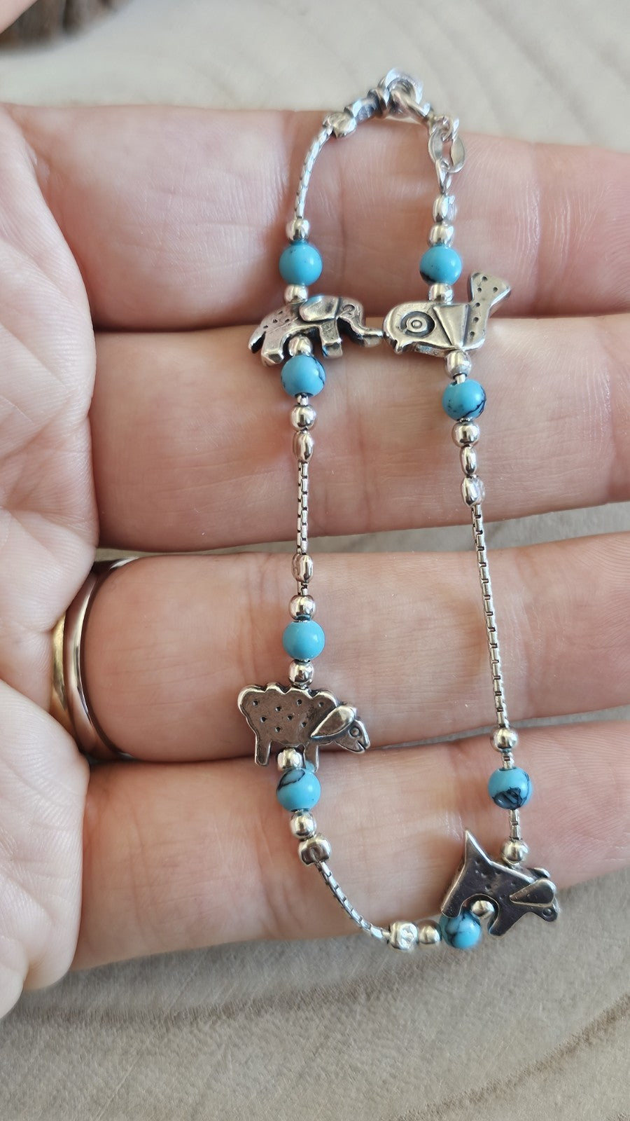 925 Sterling Silver Turquoise Animal Charm Bracelet 7.5" Cat Snail 7.37g