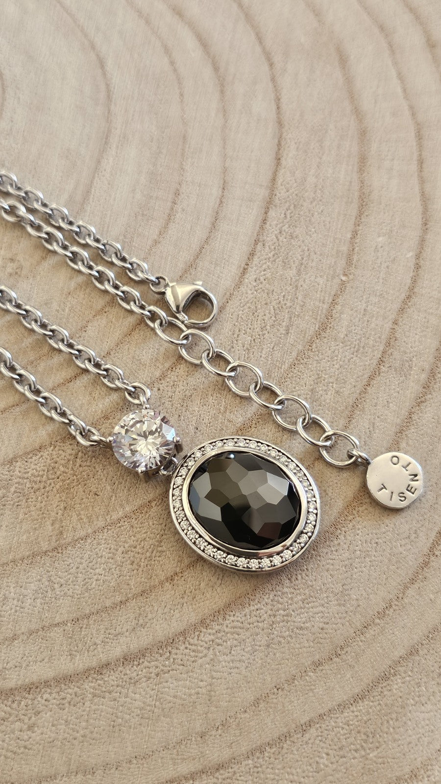 TI SENTO  Sterling Silver Black & Clear Stone Pendant Necklace 19-20.5", 29.76g 