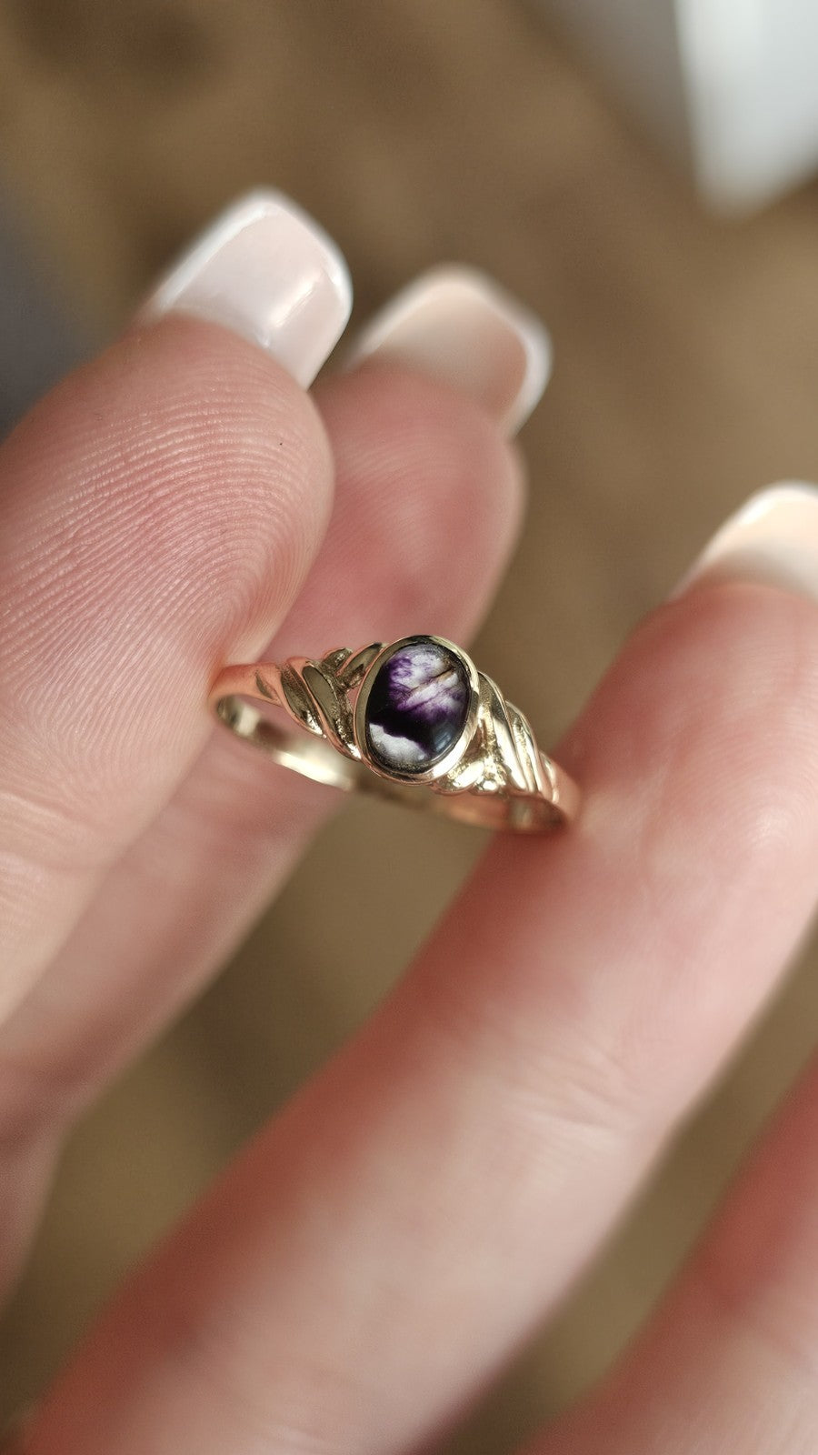 💜 Vintage 9ct Yellow Gold Blue John Ring – Size N ✨