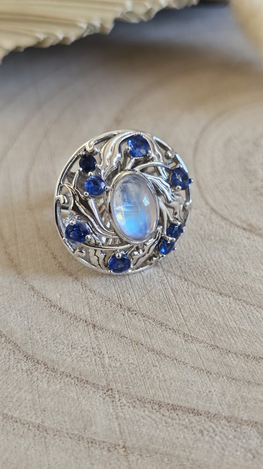Shipton & Co 925 Silver Moonstone Kyanite Arts & Crafts Ring Size N 1/2