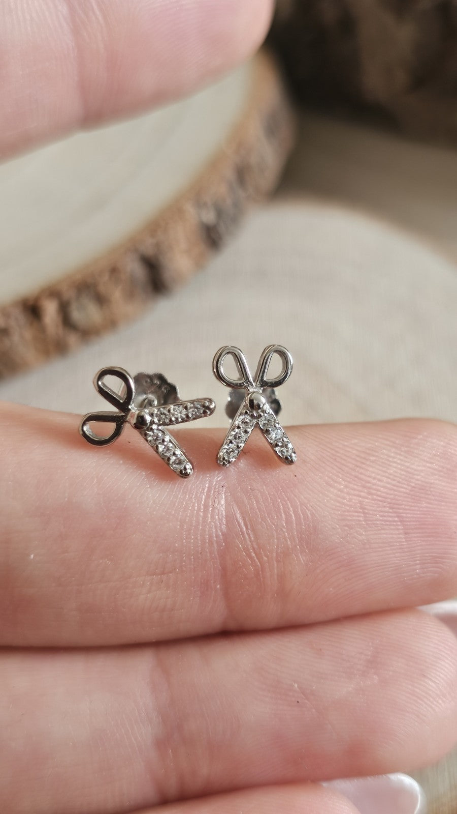 925 Sterling Silver CZ Craft Scissors Stud Earrings – Rhodium Plated, New Boxed