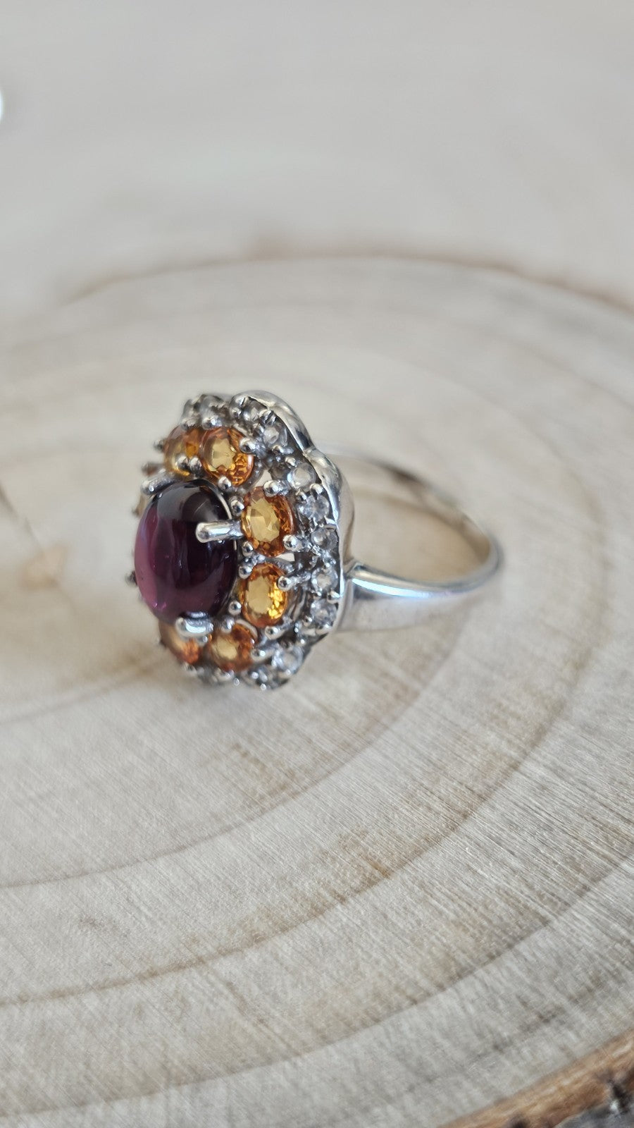 925 Sterling Silver Garnet ,Sapphire & Zircon Cluster Ring Size N 4.48g