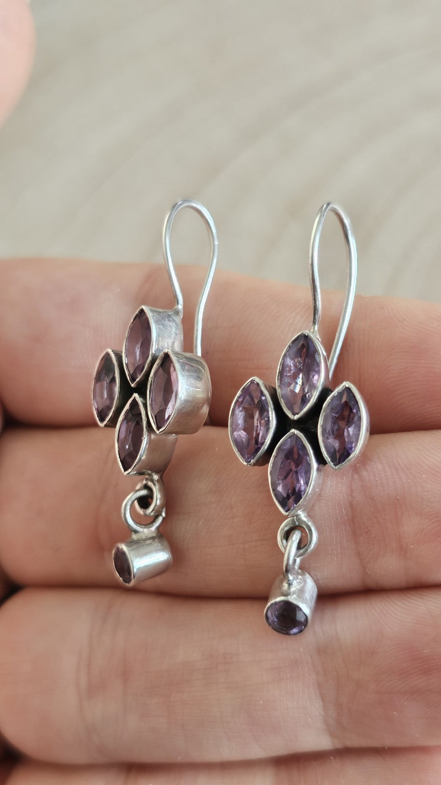 925 Sterling Silver Amethyst Floral Drop Dangle Earrings 