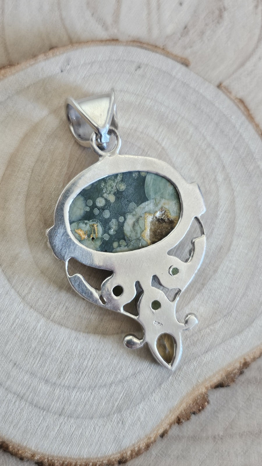 925 Sterling Silver Rainforest Jasper Peridot Citrine Pendant 60mm 17.55g