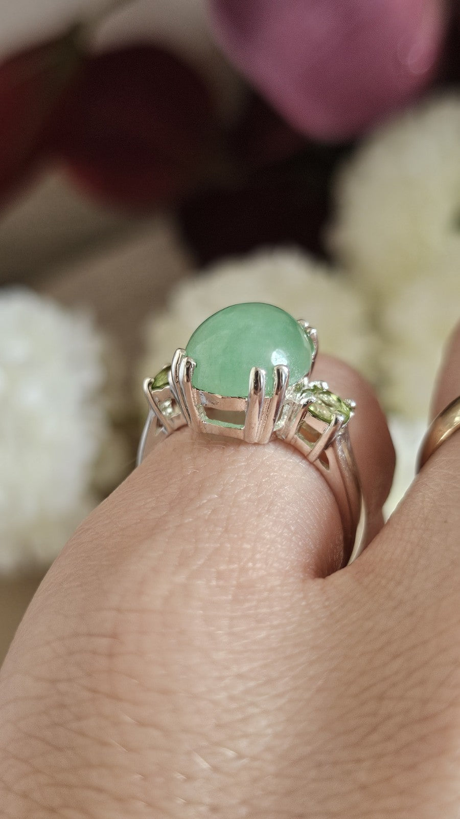 925 Sterling Silver Jade & Peridot Gemstone Ring Size P 4.28g