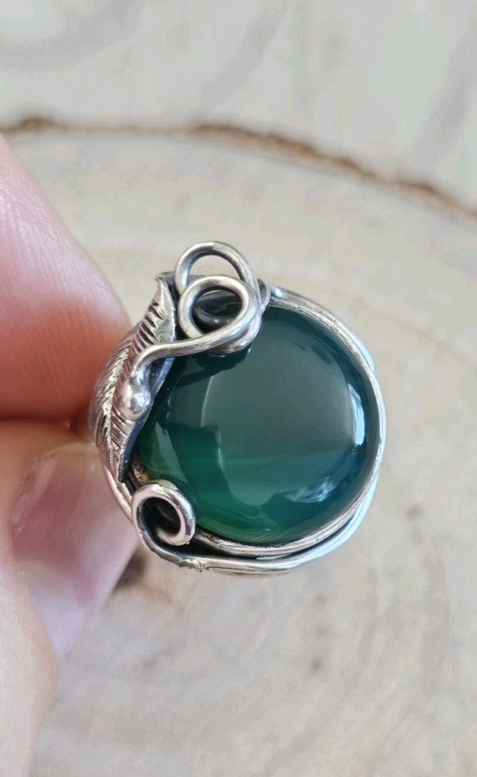 Vintage Sterling Silver Green Onyx Statement Ring Size S 7.92g