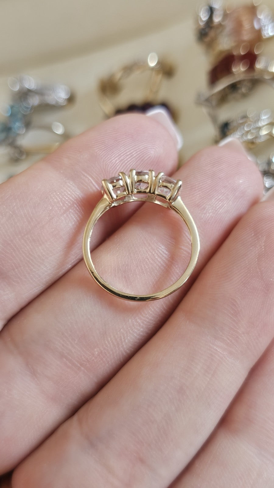 10ct Yellow Gold White Sapphire Trilogy Ring Size L 1/2 , Three Stone Gold Ring