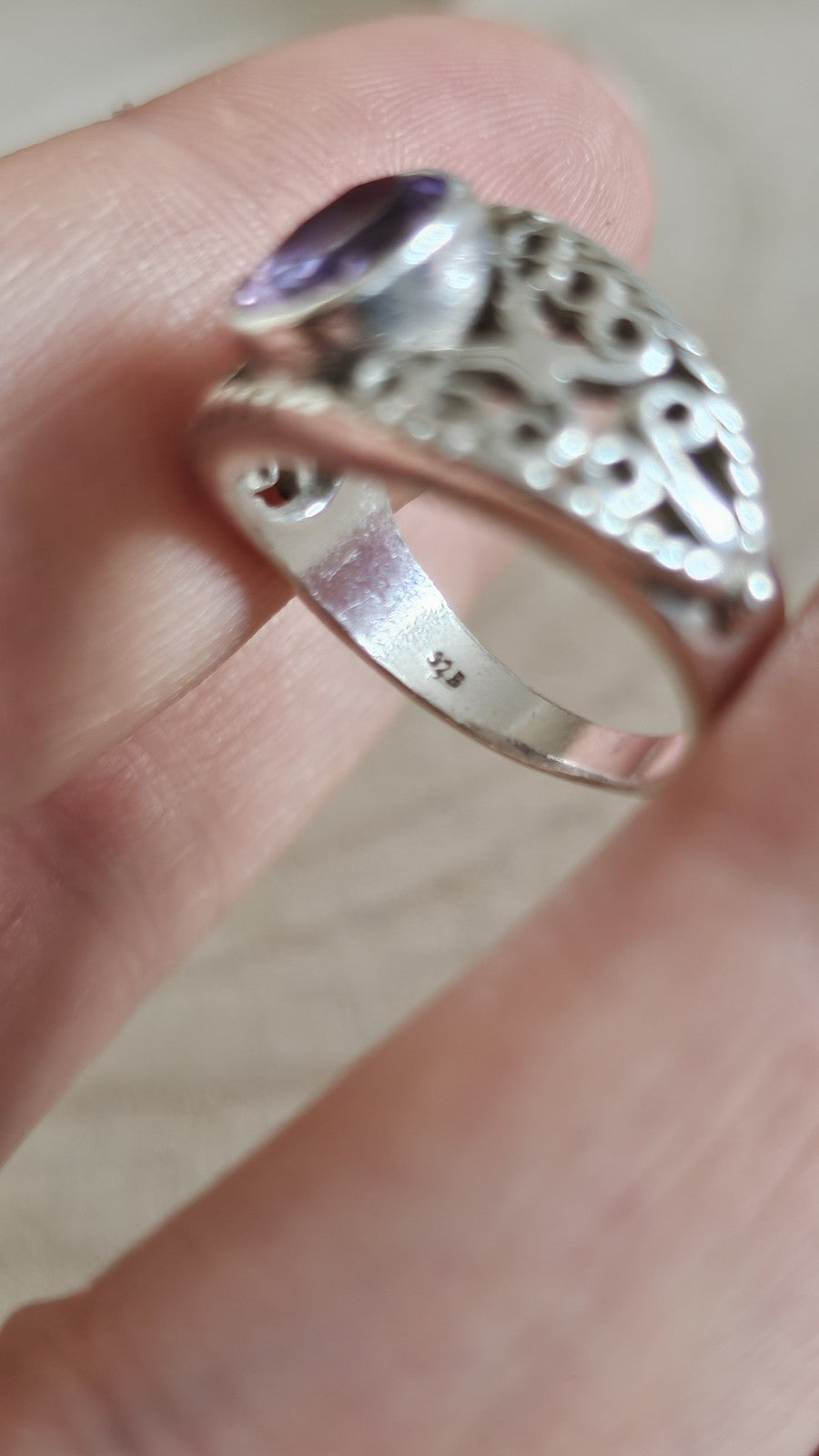 925 Sterling Silver Amethyst Filigree Statement Ring – Size M – 5.51g