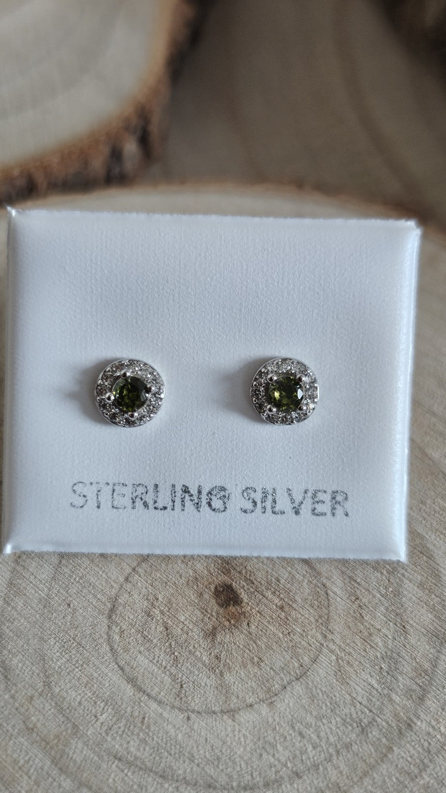 925 Sterling Silver Olive Green CZ Halo Stud Earrings 5.8mm , New Boxed