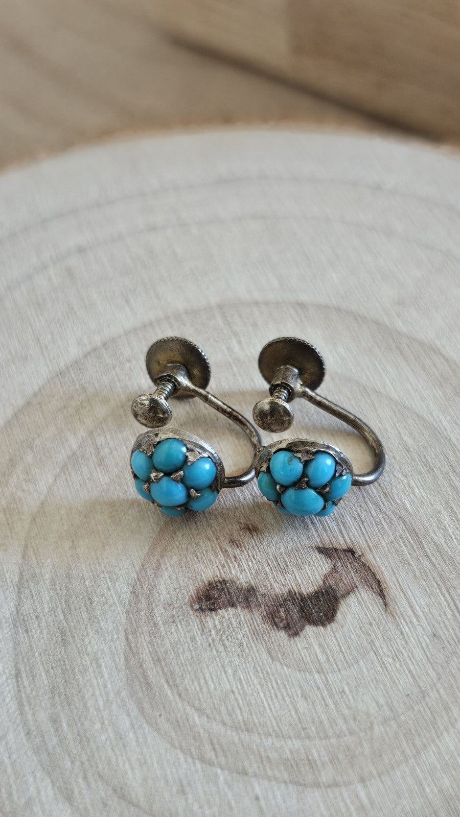 Antique 800 Silver Turquoise Cluster Screw Back Earrings 2.59g