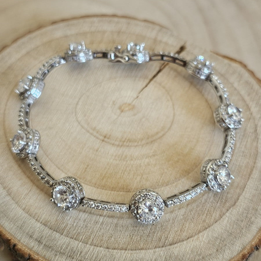 925 Sterling Silver CZ Halo Tennis Bracelet Full Hallmark 18cm 13.56g
