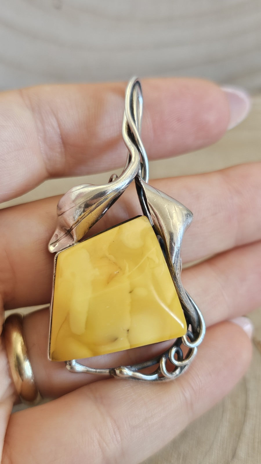 925 Sterling Silver Yellow Amber Large Pendant Art Nouveau Floral Hallmarked