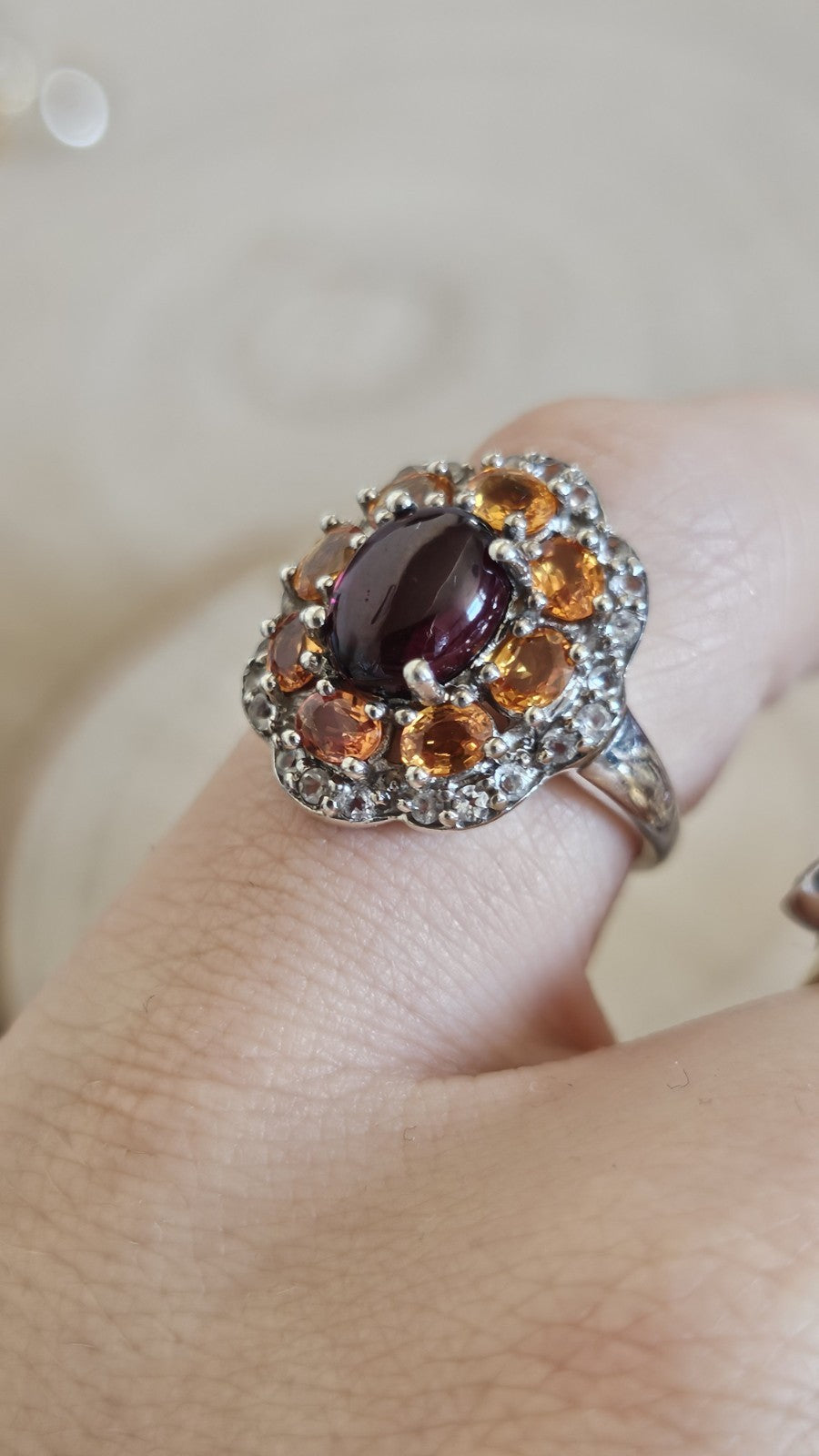 925 Sterling Silver Garnet ,Sapphire & Zircon Cluster Ring Size N 4.48g