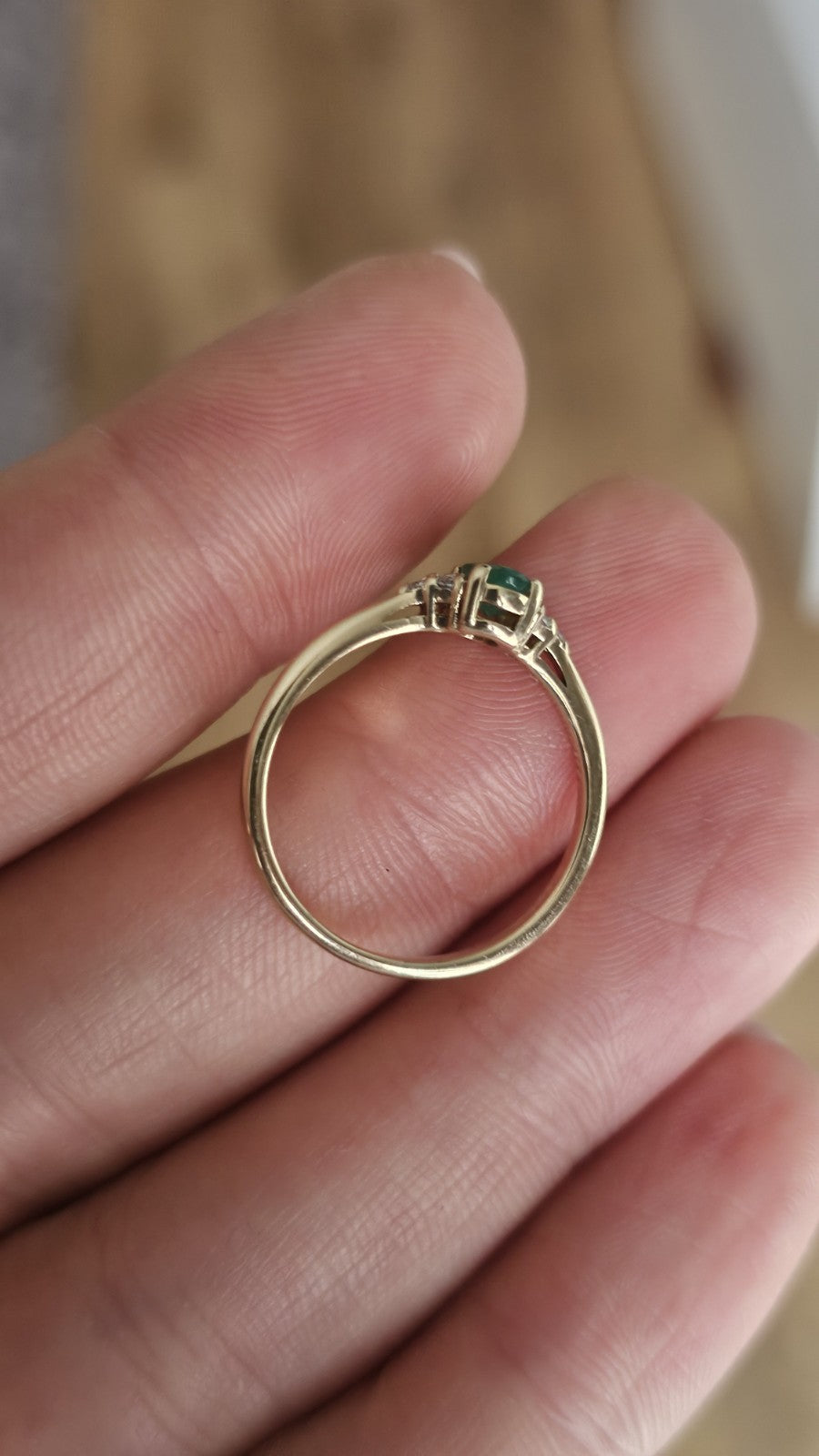 9ct Yellow Gold Natural Emerald & Diamond Ring Size O 1/2 Hallmarked 1.81g