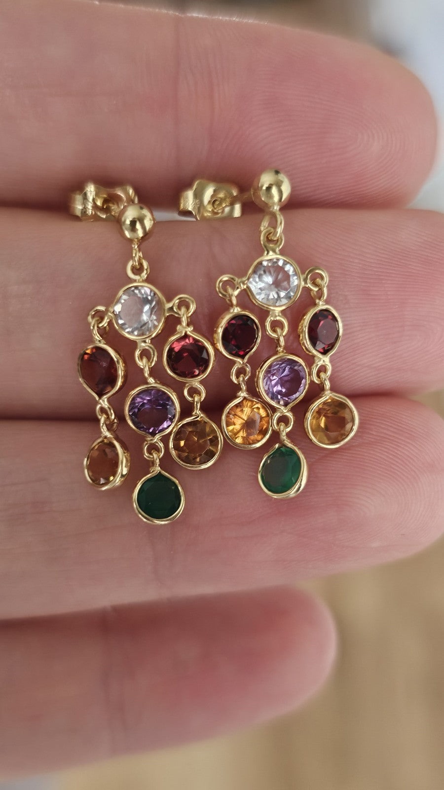 18ct Yellow Gold Multi Gemstone Chandelier Drop Earrings 3g Hallmarked
