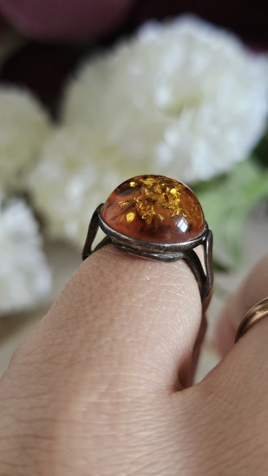 Vintage 925 Sterling Silver Amber Ring Size L 1/2 Honey Cognac 3.31g