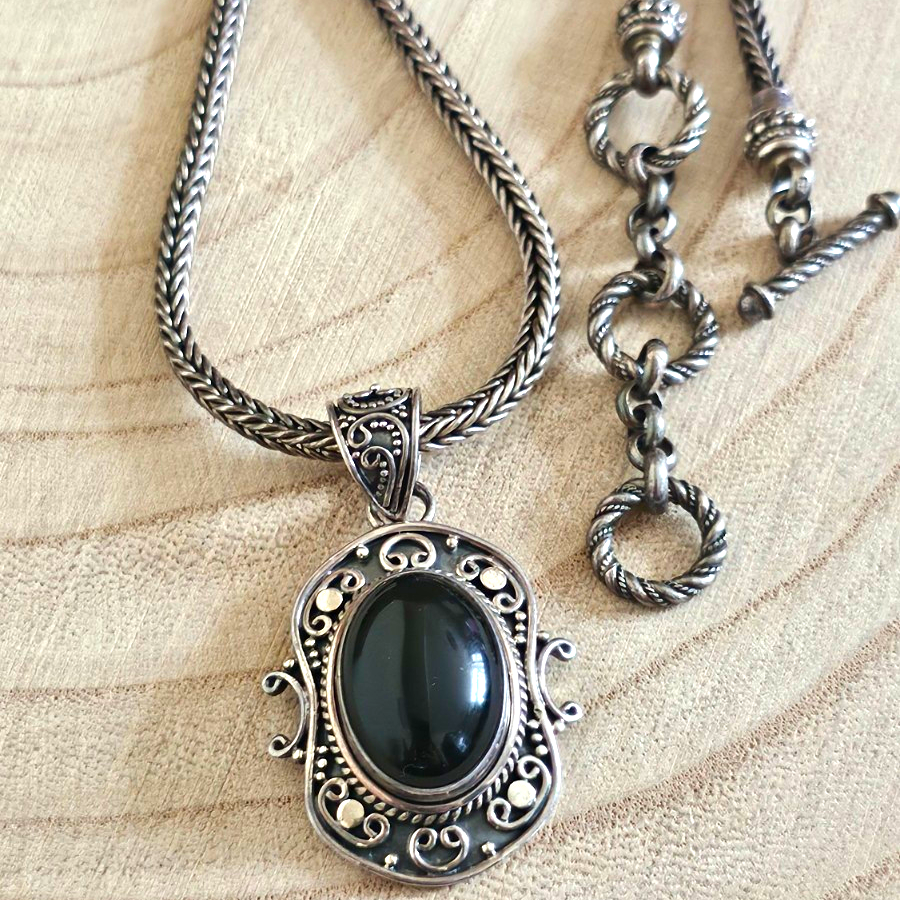 BA SUARTI 925 Sterling Silver Black Onyx Pendant Necklace 35.6g , 16-18 inches 