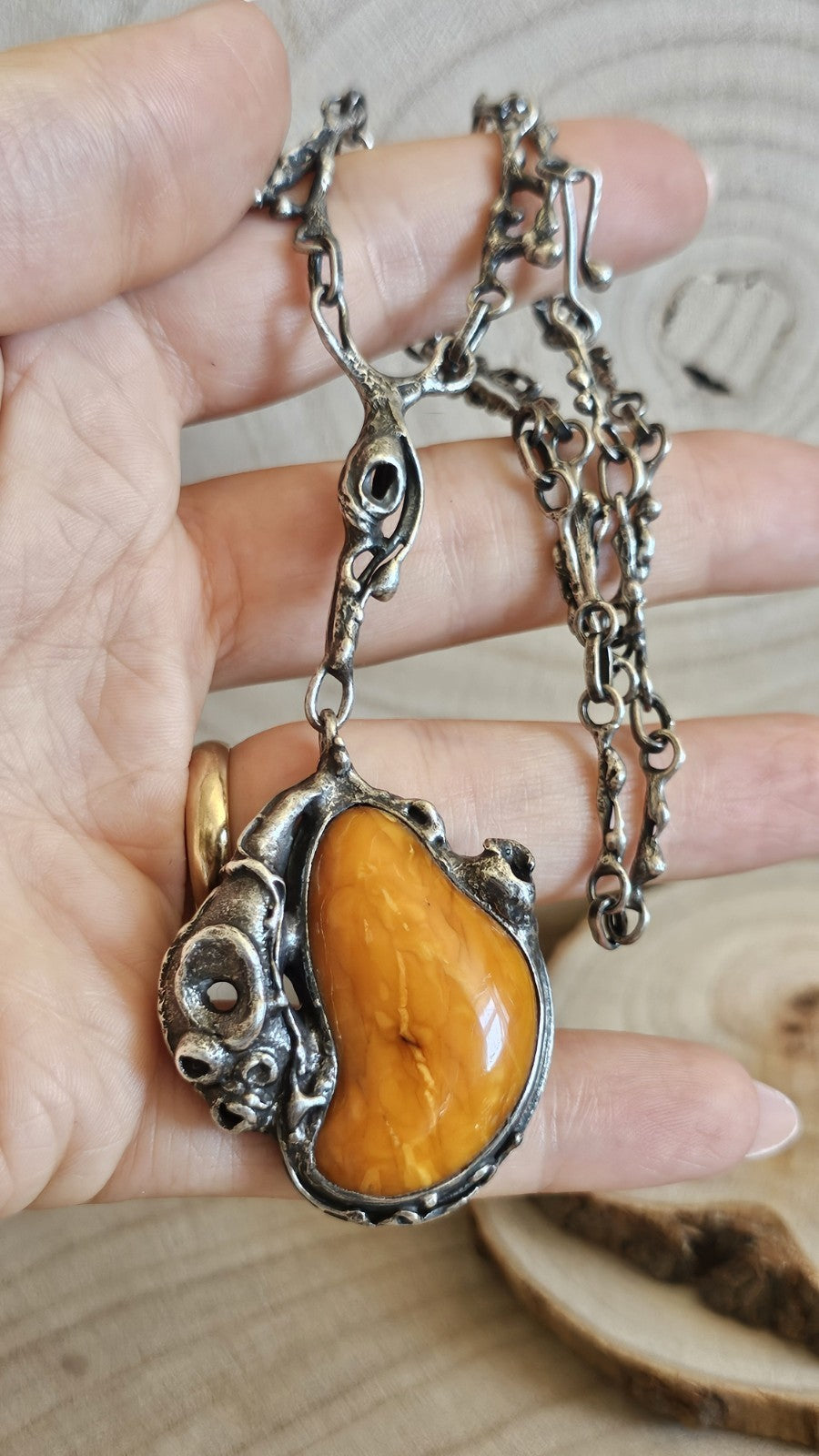 Vintage Polish 800 Silver Amber Brutalist Pendant Necklace TMS Warsaw, 37g