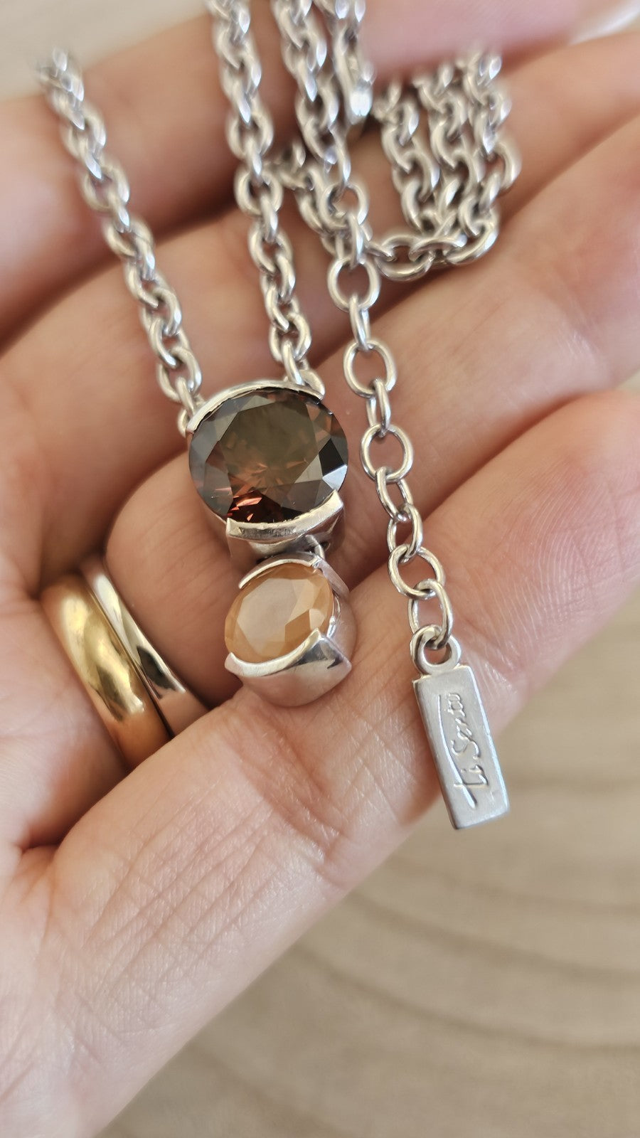 TI SENTO 925 Sterling Silver Brown & Peach Stone Pendant Necklace 16-18"