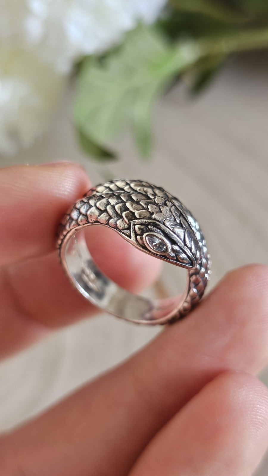 Thomas Sabo 925 Sterling Silver Snake Ring Clear Stone Eyes Size P 1/2 9.19