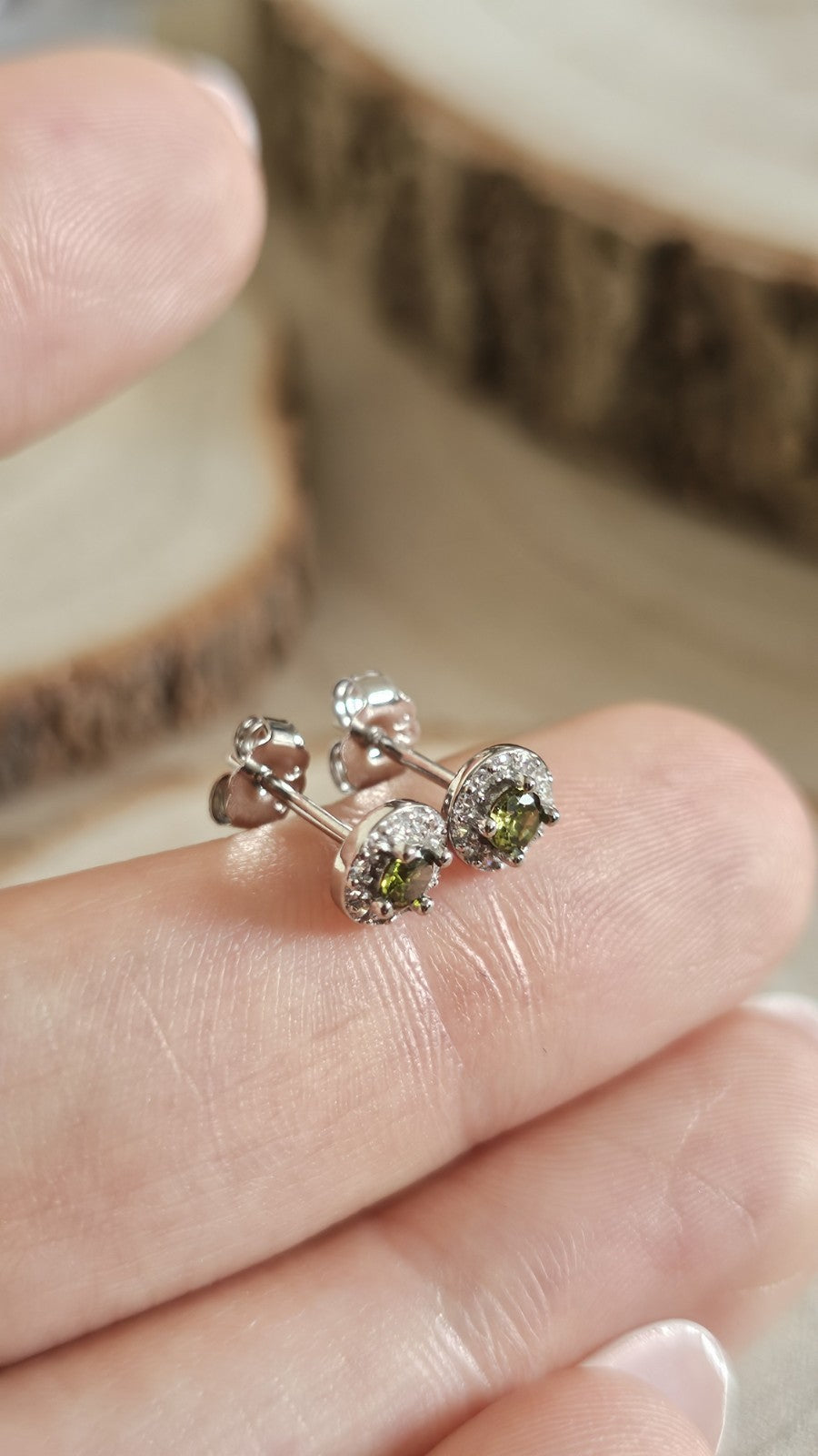 925 Sterling Silver Olive Green CZ Halo Stud Earrings 5.8mm , New Boxed